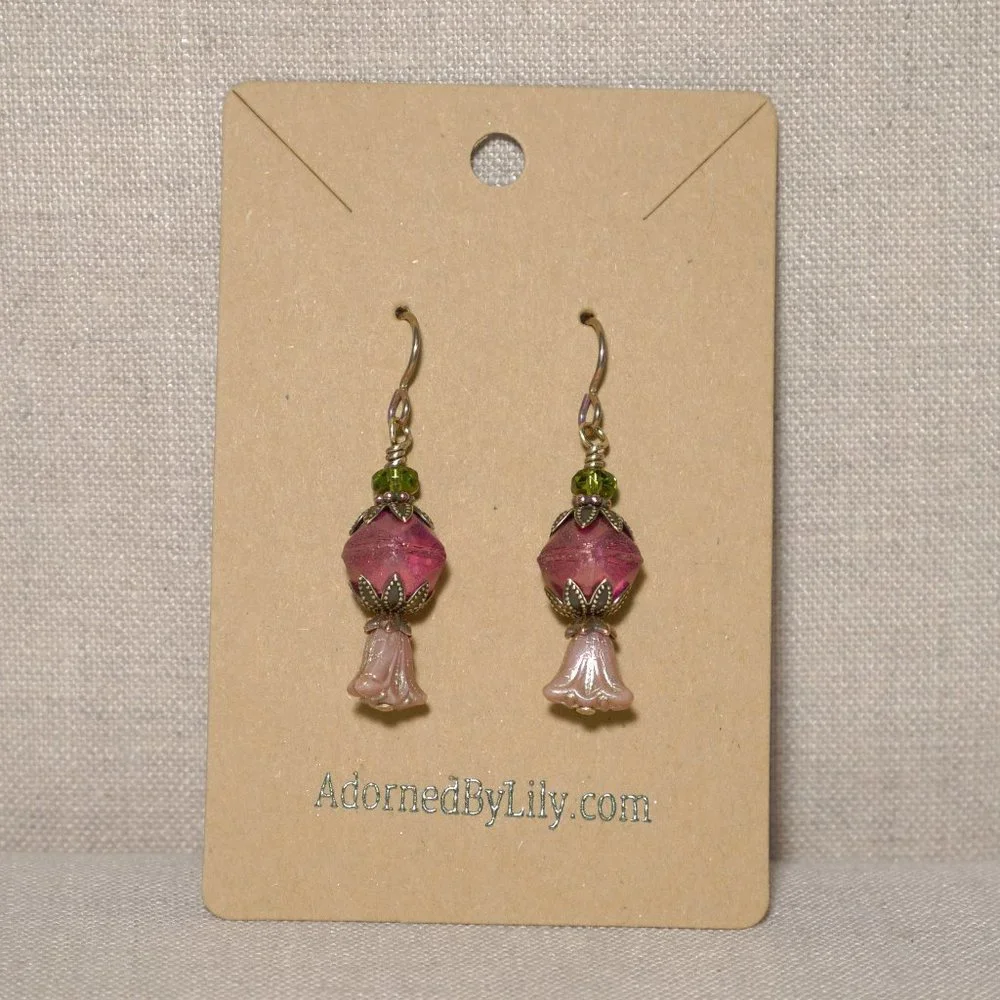 Hand Crafted Handmade Earrings Pink Czech Glass Tulip Beaded Flower Earr… - Picture 2 of 4